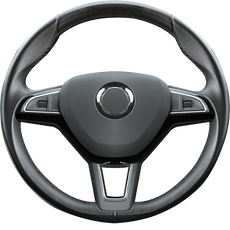 Black car steering wheel with integrated controls and central emblem. | Importsports