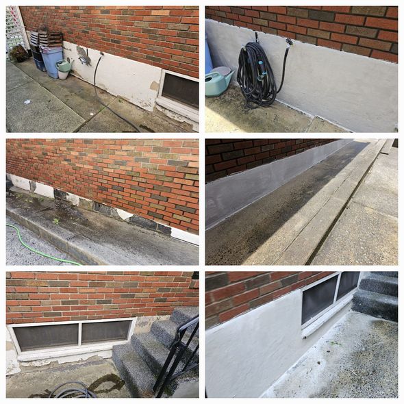 Brick foundation with concrete and window wells. Various views show signs of repair and water damage.
