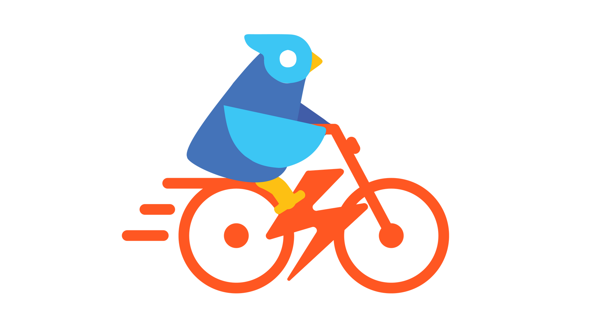 A blue bird is riding a bicycle on a white background.