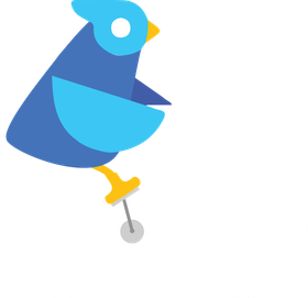 A vector blue bird with a yellow beak is sitting on a pin.