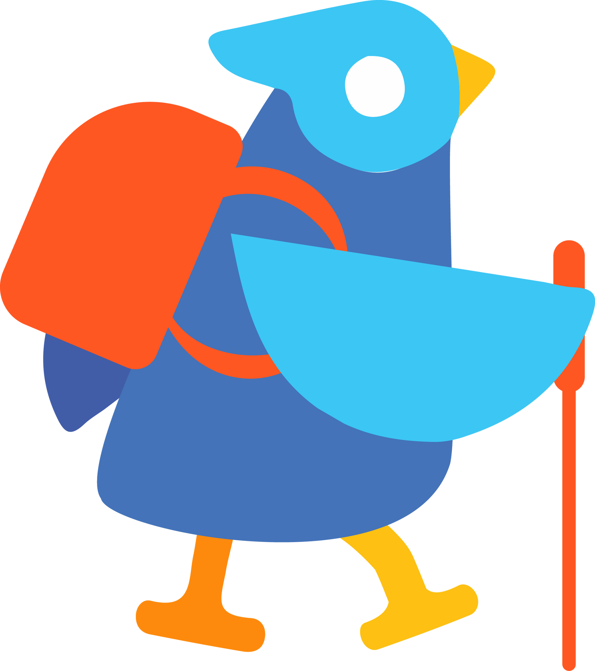 A vector  blue bird with a backpack and a cane