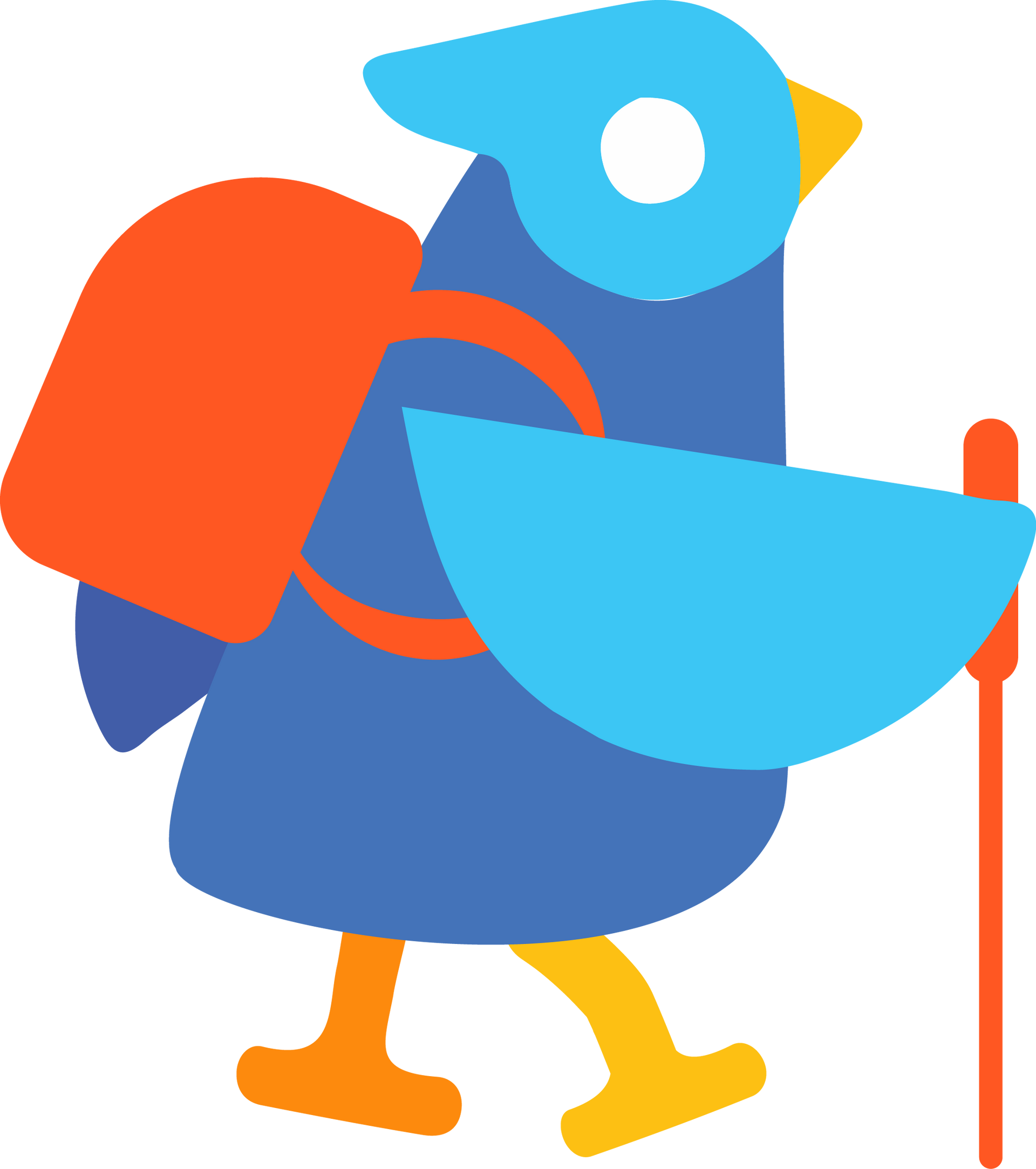 A blue bird with a backpack and a cane