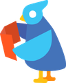 A vector blue bird is holding a red object in its beak.