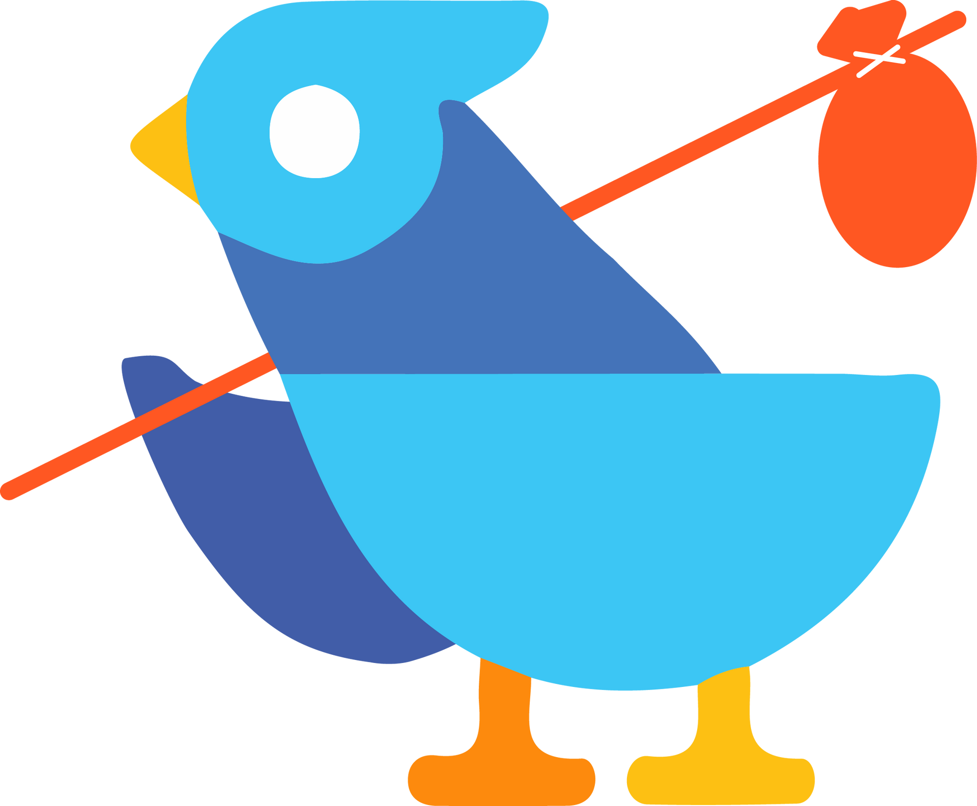 A vector blue bird is holding a red bag and a stick.