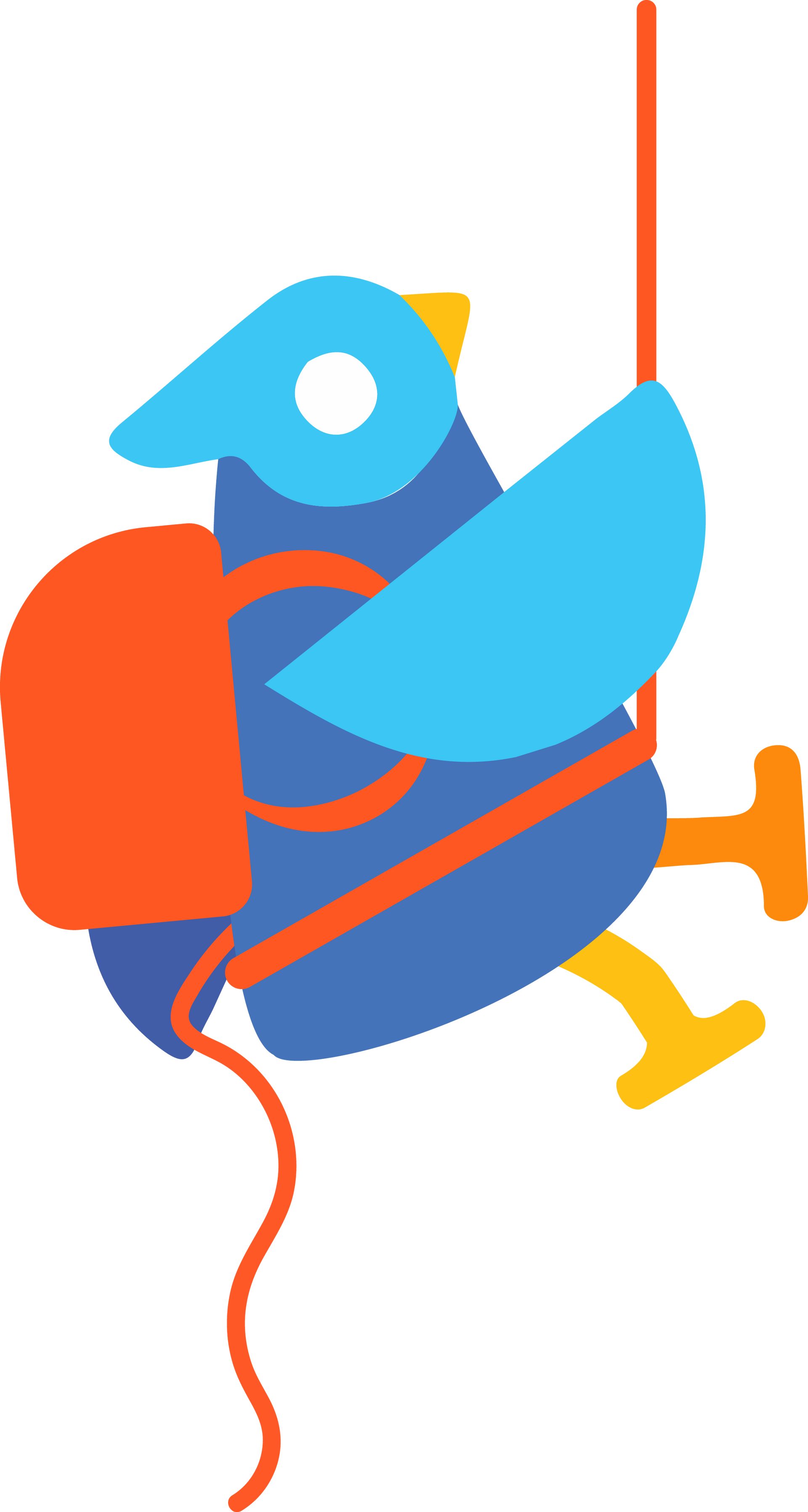 A bird with a backpack is hanging from a rope.