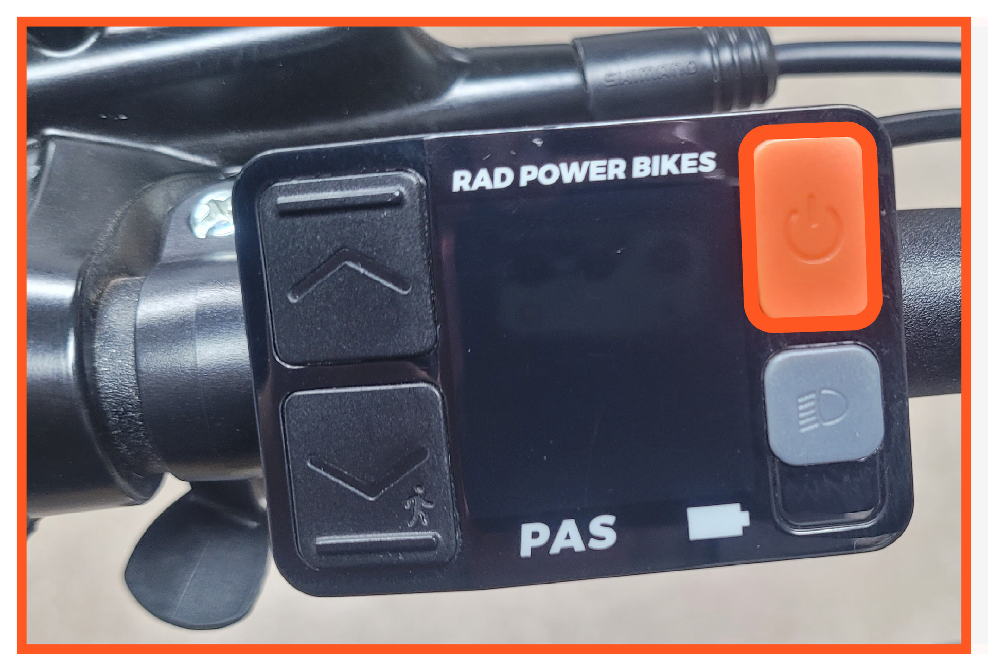 A close up of a rad power bikes display on a bicycle.