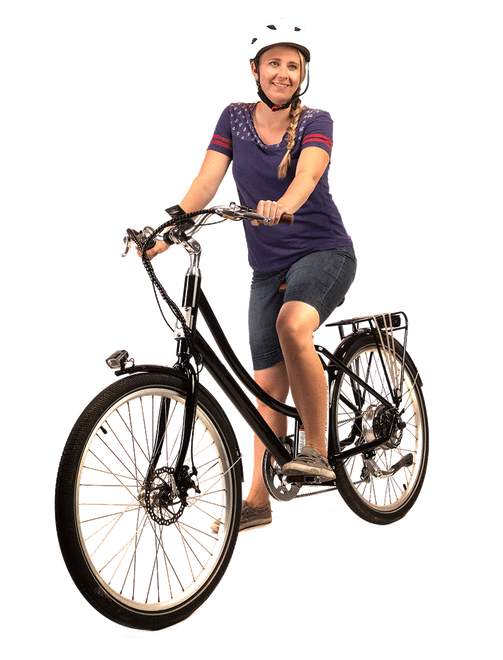 A woman wearing a helmet is riding a bike.