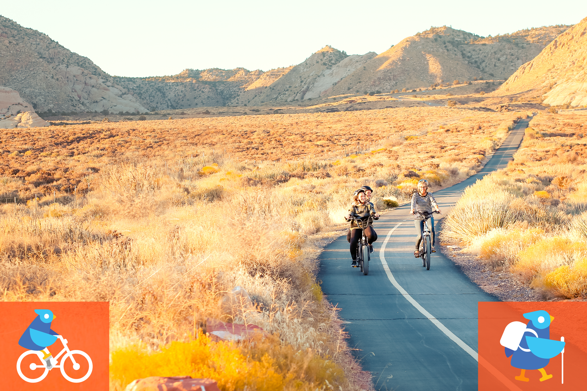 A group of people riding ebikes on a paved trail toward the Hidden Pinyon Trailhead in Snow Canyon