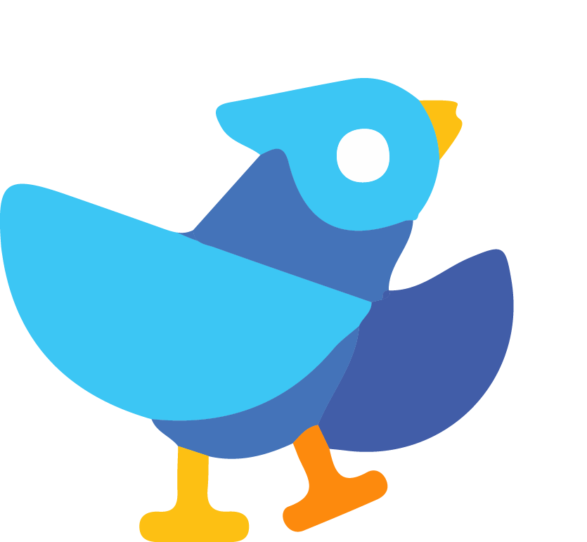 A vector blue bird with a yellow beak is standing on a white background.