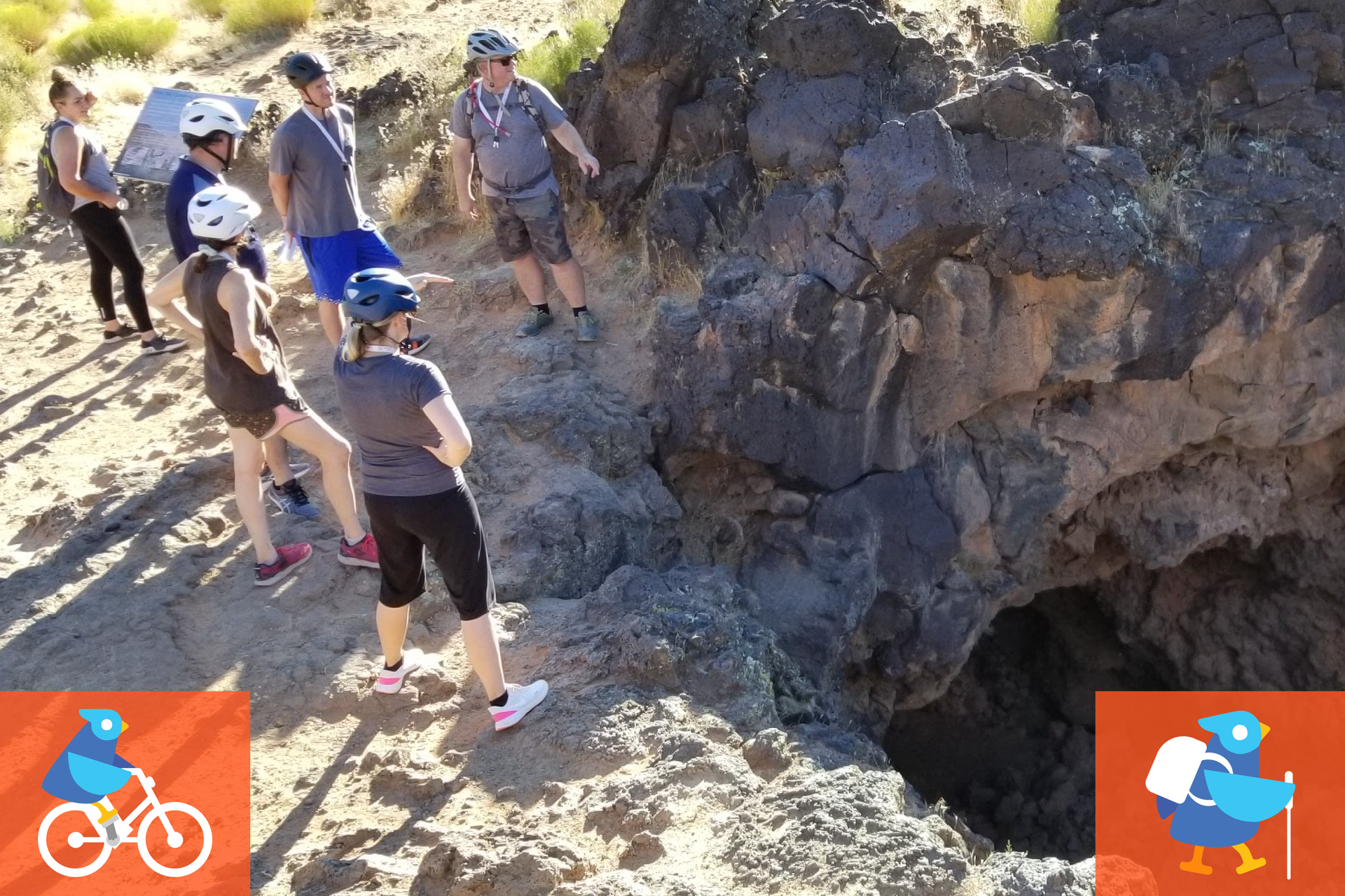 A group of people wearing bike helmets look down at a lava flow tube cave in Snow Canyon