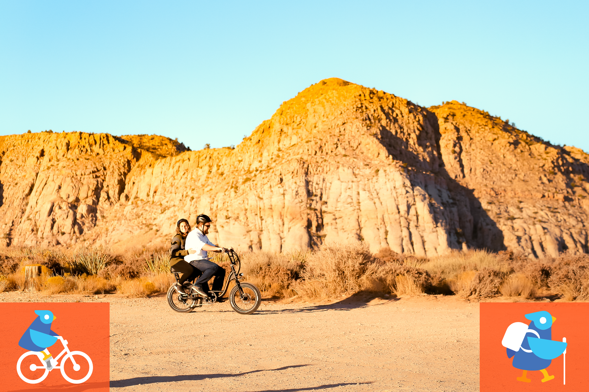 A man and woman are riding an ebike in front of the petrified dunes in Snow Canyon.