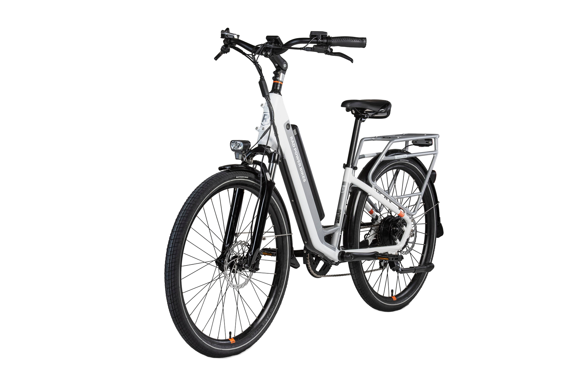 A white electric bike is sitting on a white background.