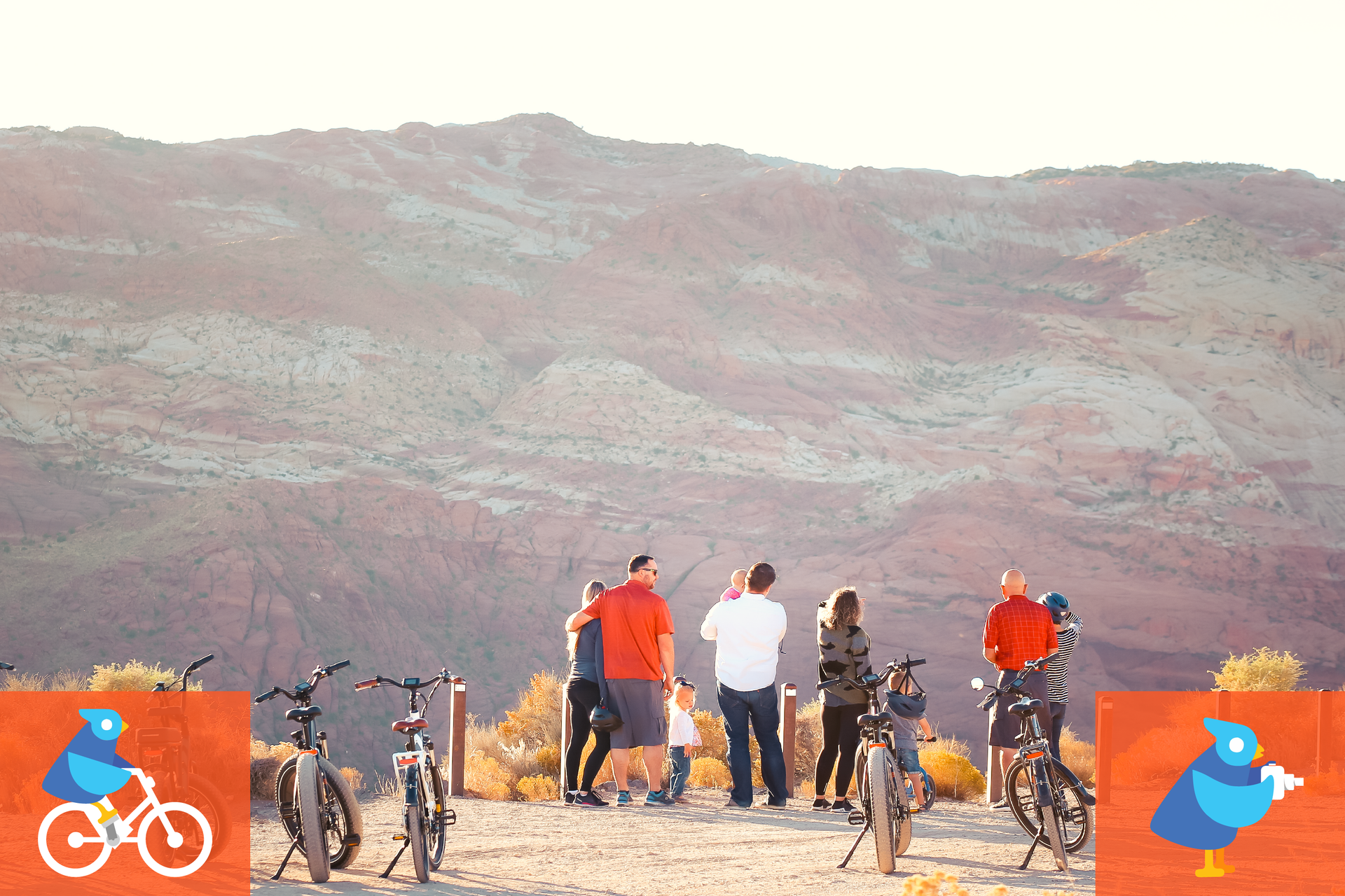 A group of people standing next to bicycles at the Snow Canyon Overlook with graphic overlays