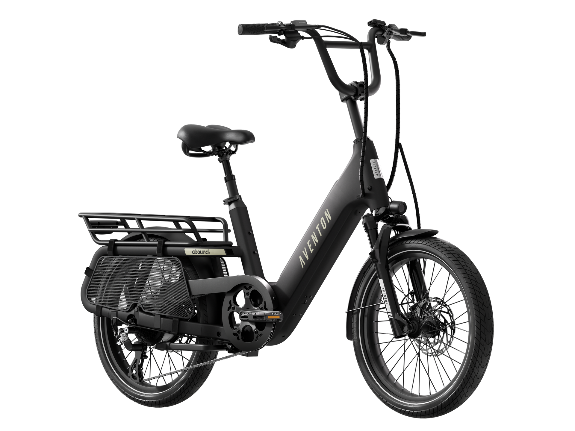 A black electric bike with a basket on the back on a white background.