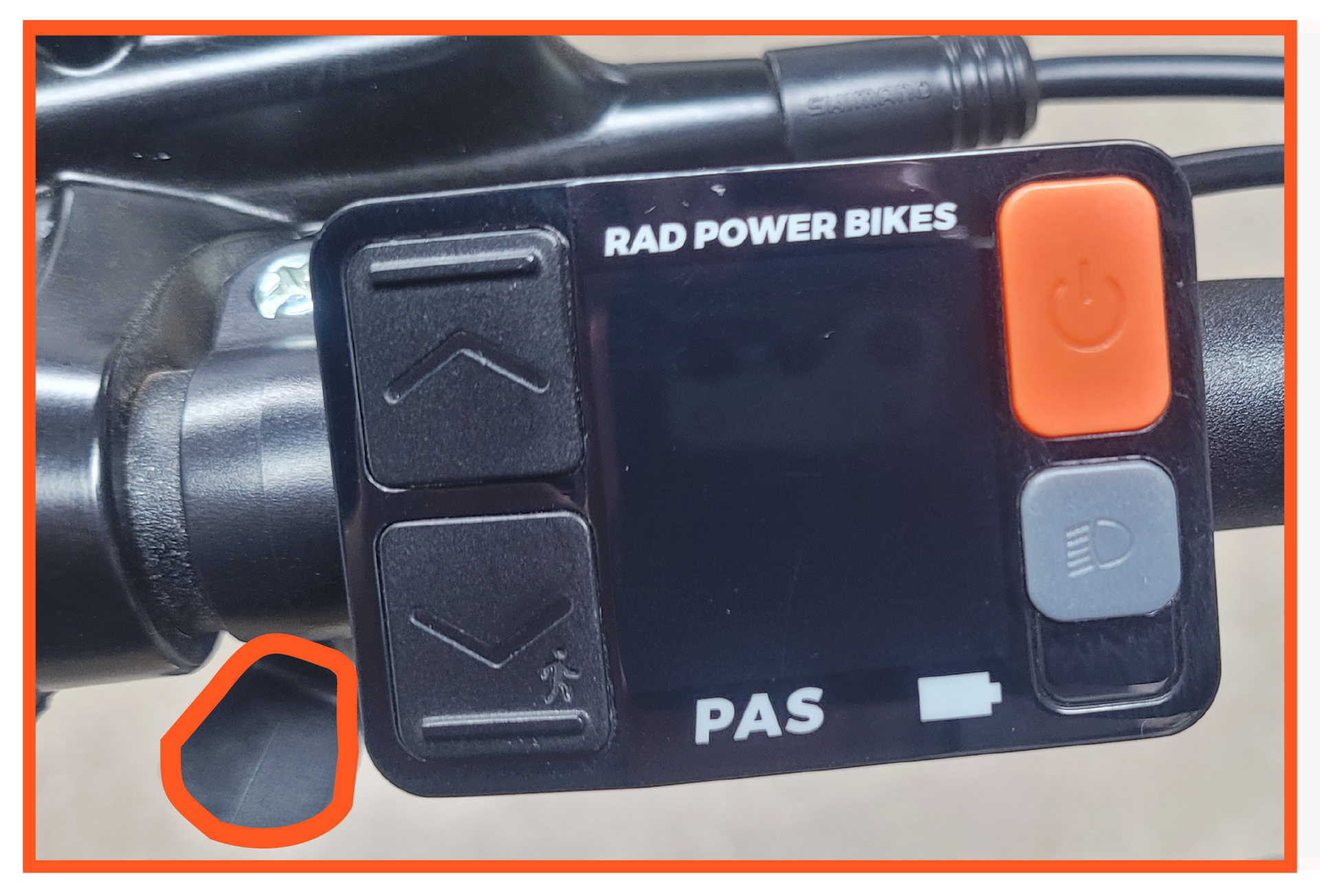 A close up of a rad power bikes display on a bicycle.