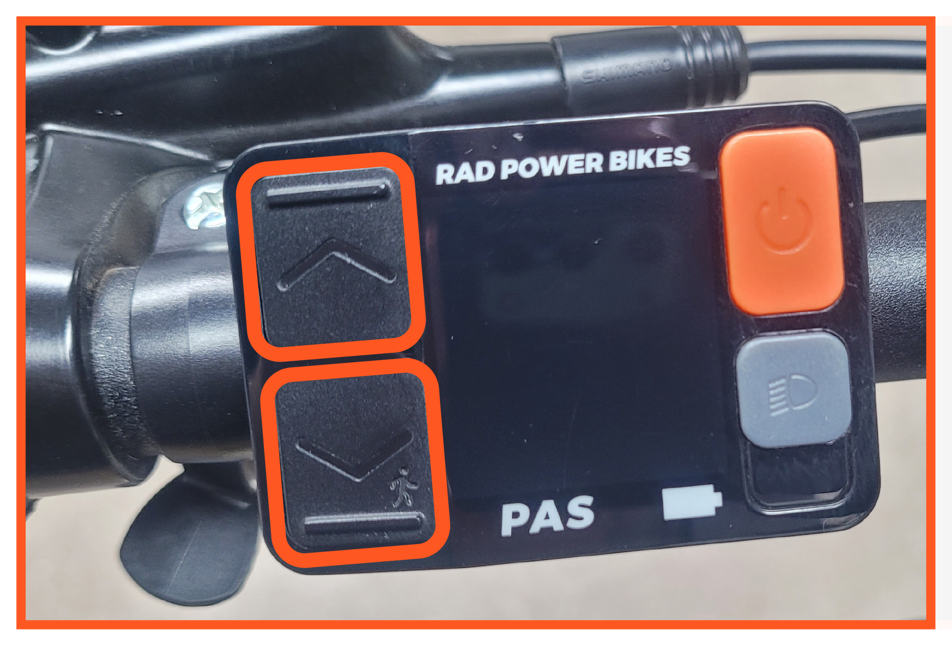 A close up of a rad power bikes display on a bicycle.