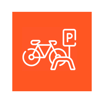 An icon of a bicycle parked next to a parking sign.