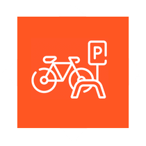 An icon of a bicycle parked next to a parking sign.