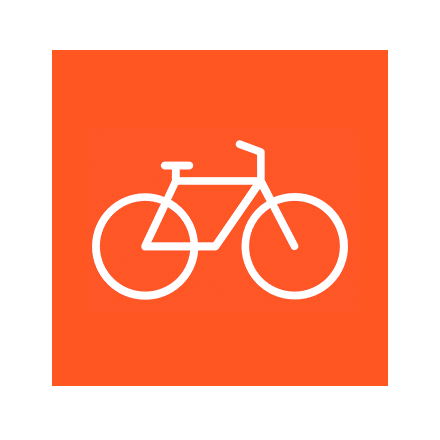 A white bicycle icon on an orange background.