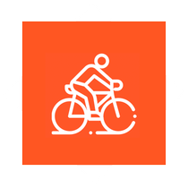 A person is riding a bicycle on an orange background.