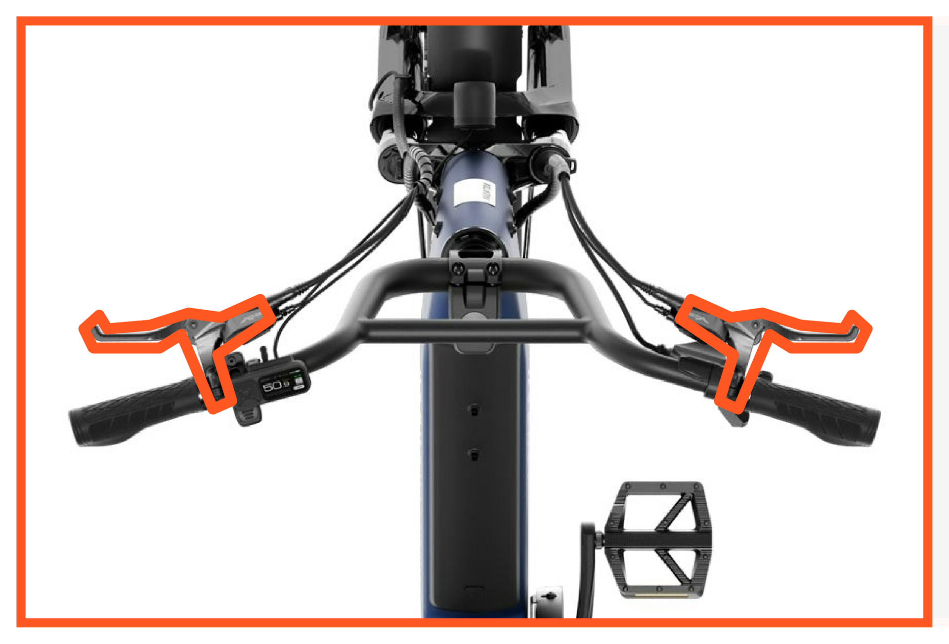 A close up of a bicycle handlebars and pedals on a white background.