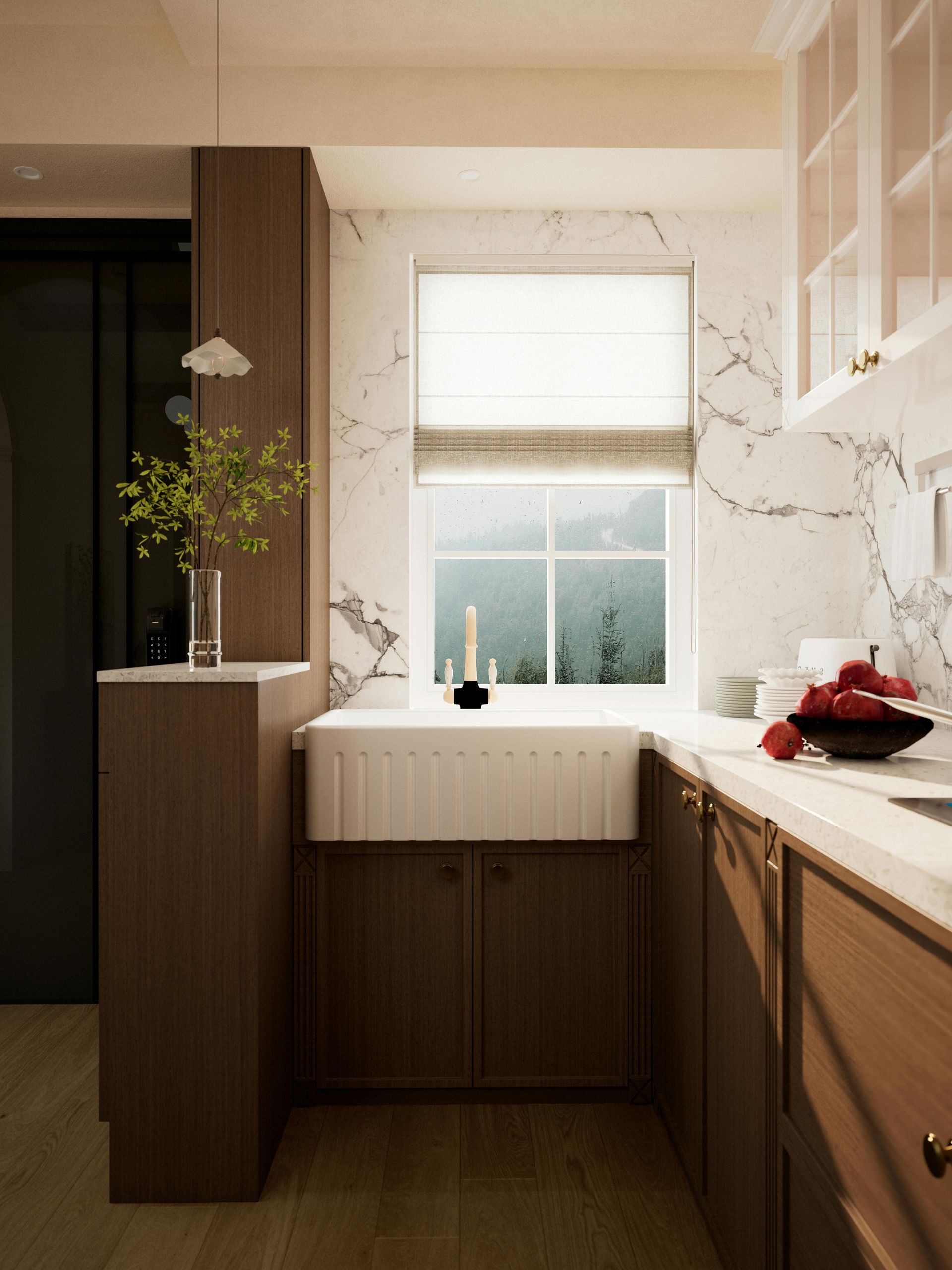A kitchen with a farmhouse sink, marble backsplash, wood cabinets, and a window overlooking a view.