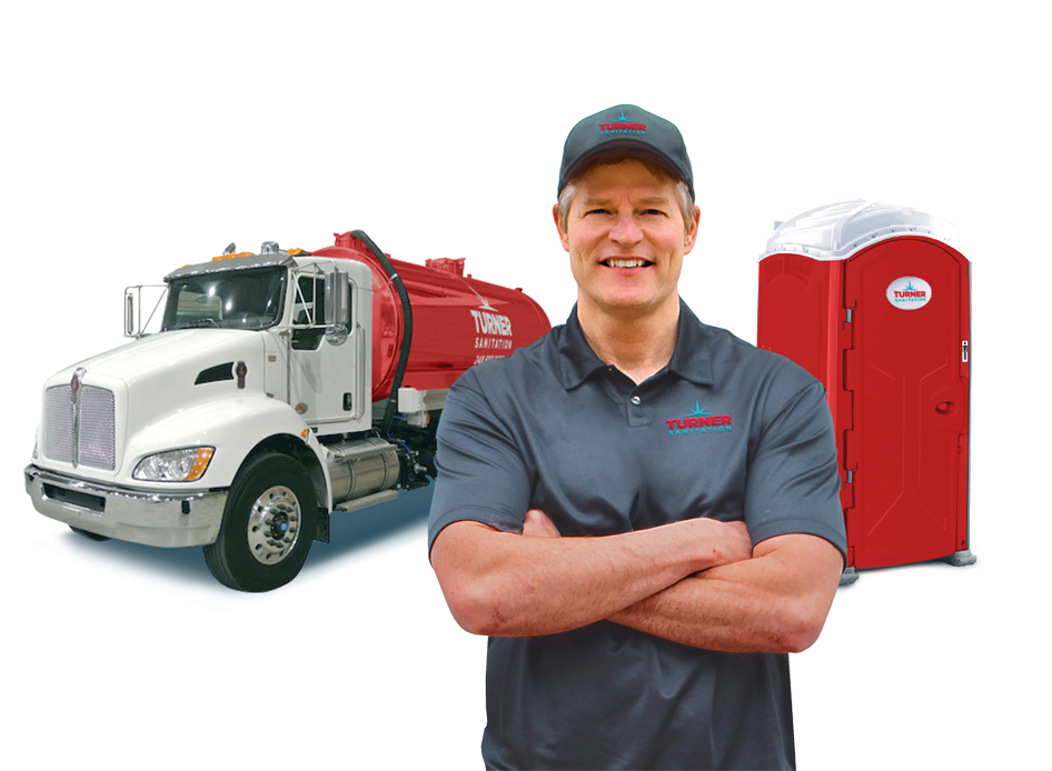 Portrait Man With Truck And Restroom | Lake Orion, MI | Turner Sanitation