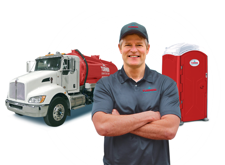 Portrait Man With Truck And Restroom | Lake Orion, MI | Turner Sanitation