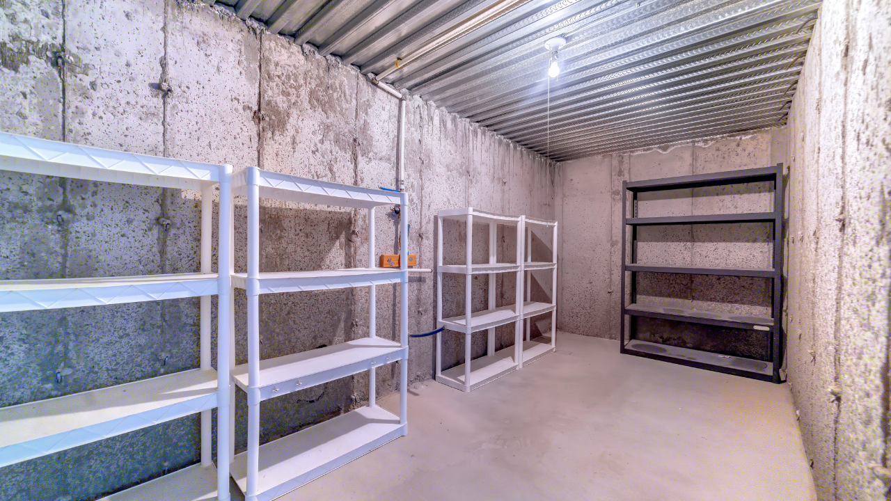 Basement storage room with concrete walls, metal ceiling, and shelving units.