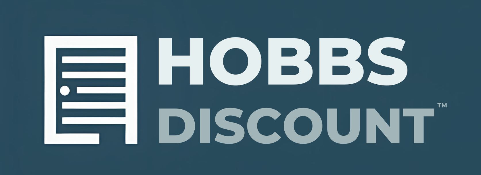 Hobbs Discount logo with a white door icon and text on a dark teal background.