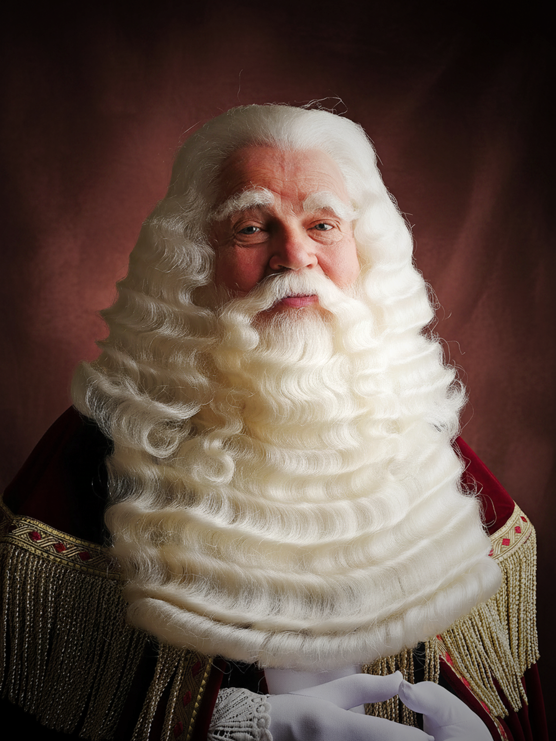Portret van Sinterklaas in een rood-goud pak, met een lange witte baard en een warme glimlach.