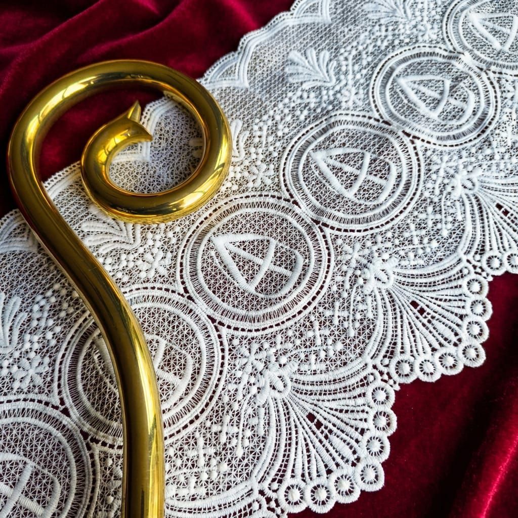 Gouden herdersstaf en witte kanten kraag op rood fluweel.