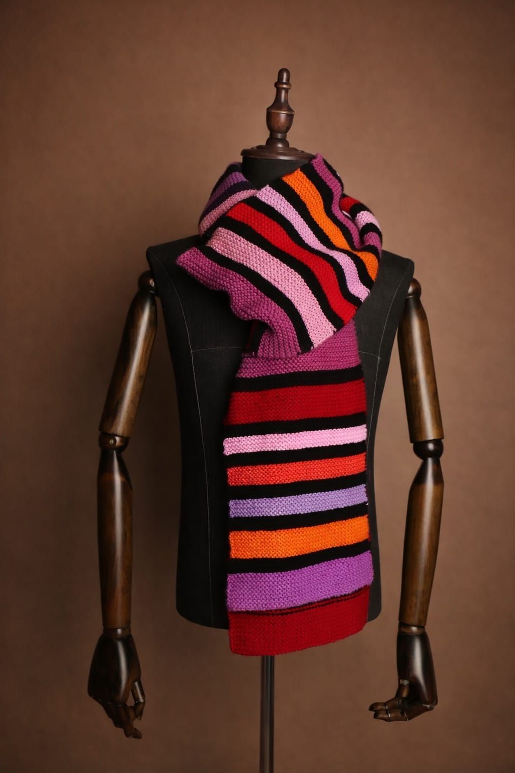 Een kleurrijke, gestreepte sjaal is gedrapeerd over een houten paspop tegen een bruine achtergrond.