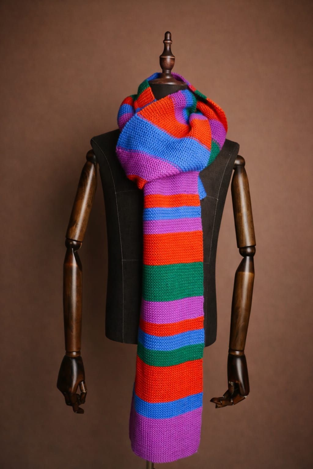 Een kleurrijke, gestreepte sjaal is gedrapeerd over een houten paspop tegen een bruine achtergrond.