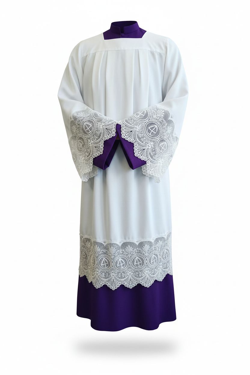 Gouden herdersstaf en witte kanten kraag op rood fluweel.