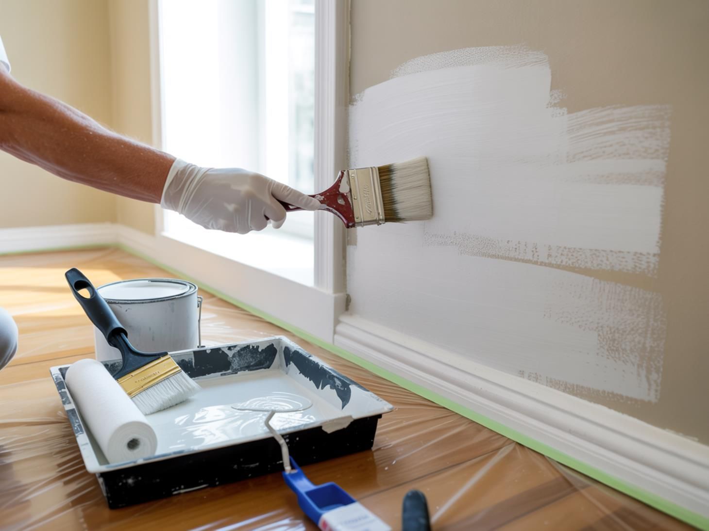 Person painting a beige wall white with a brush. Paint tray, roller, and can present.