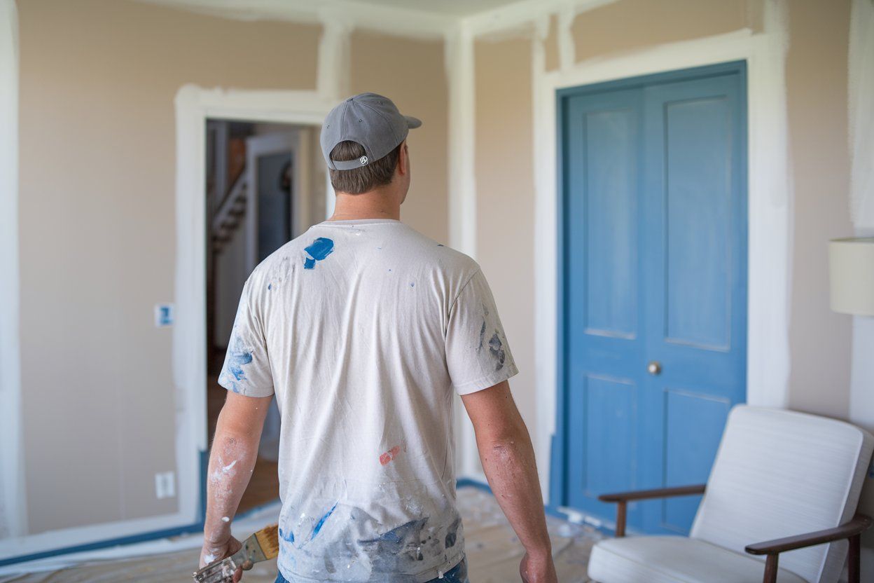 A man is holding a paint brush over a bucket of paint.