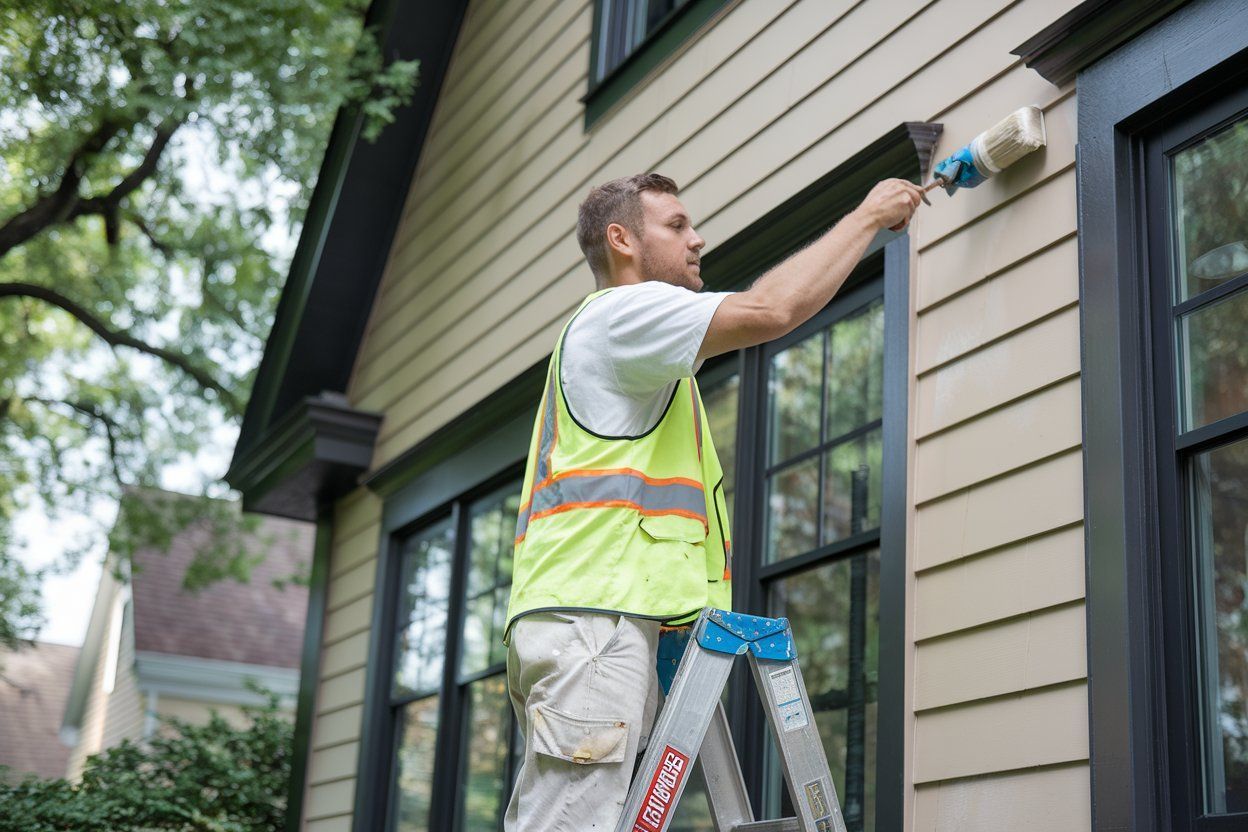 A man is standing on a ladder painting the side of a house.