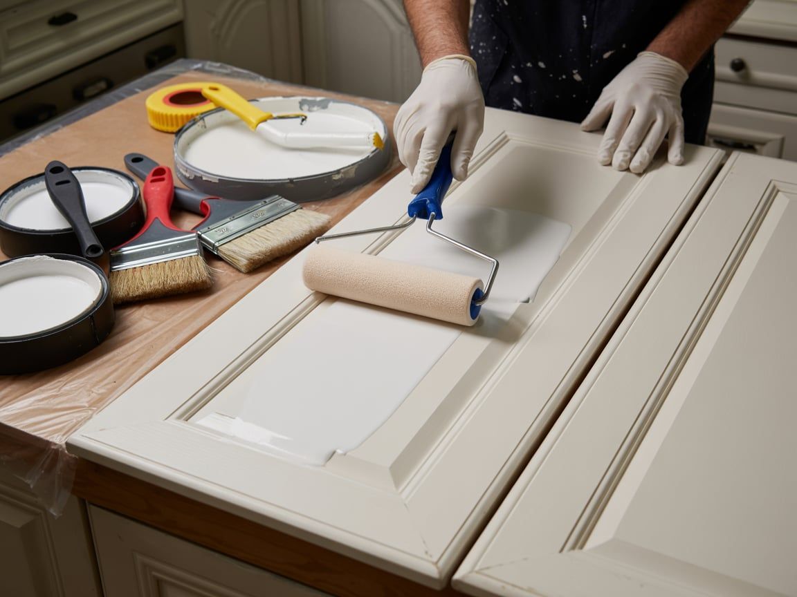 Person painting kitchen cabinet door white with a roller; paint supplies are nearby.