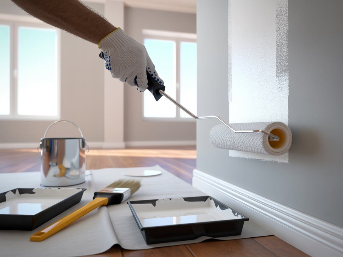 Person painting a wall white with a paint roller in a room. Paint tray, brush, and paint can are visible.