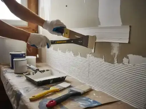 Person applying white adhesive with a notched trowel to a wall, preparing for tiling.