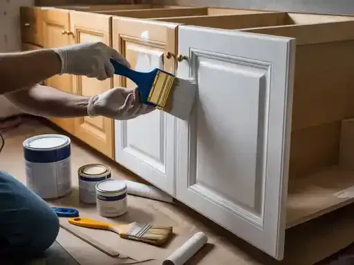Person painting a white cabinet door with a blue-handled brush. Other cans, a brush, and tools lie nearby.