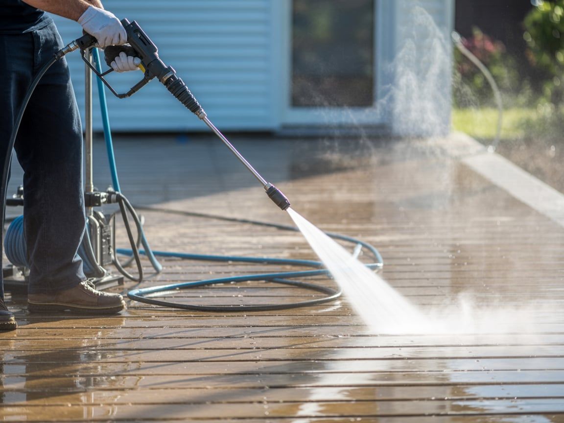 Person pressure washing a wooden deck, spraying water with vapor rising, outdoors.