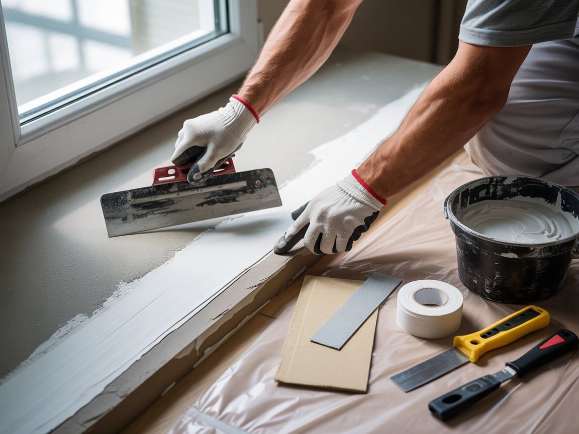 Person applying plaster to a window sill with a trowel, wearing gloves. Tools and plaster bucket nearby.