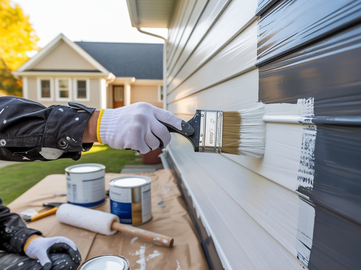 Person painting gray and white siding on a house with a paintbrush, wearing gloves.