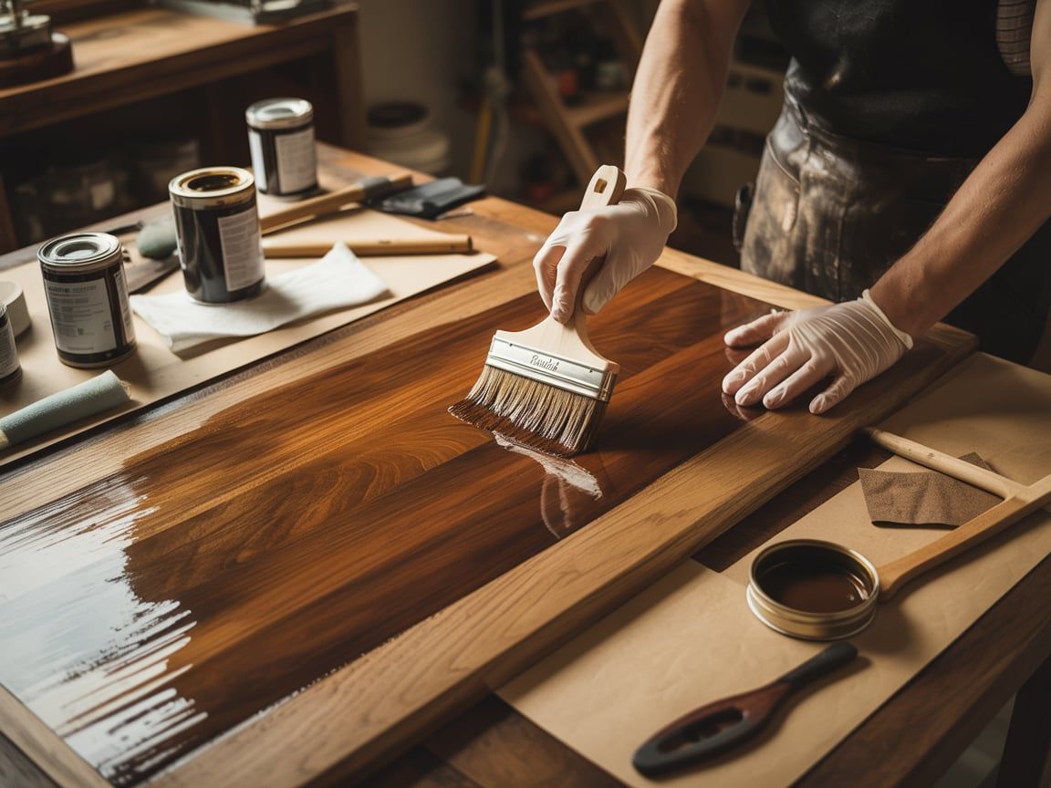 Person applying wood stain to a wooden door with a brush, wearing gloves.