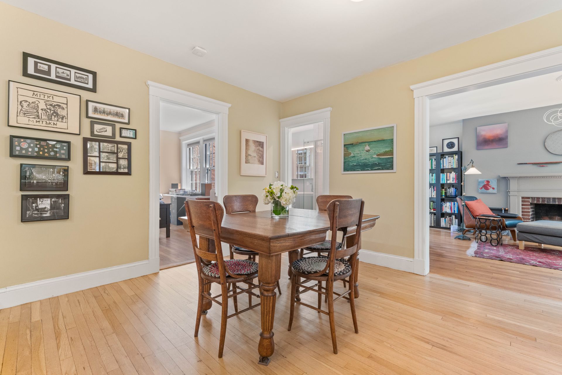 Dining area with view of living room and office