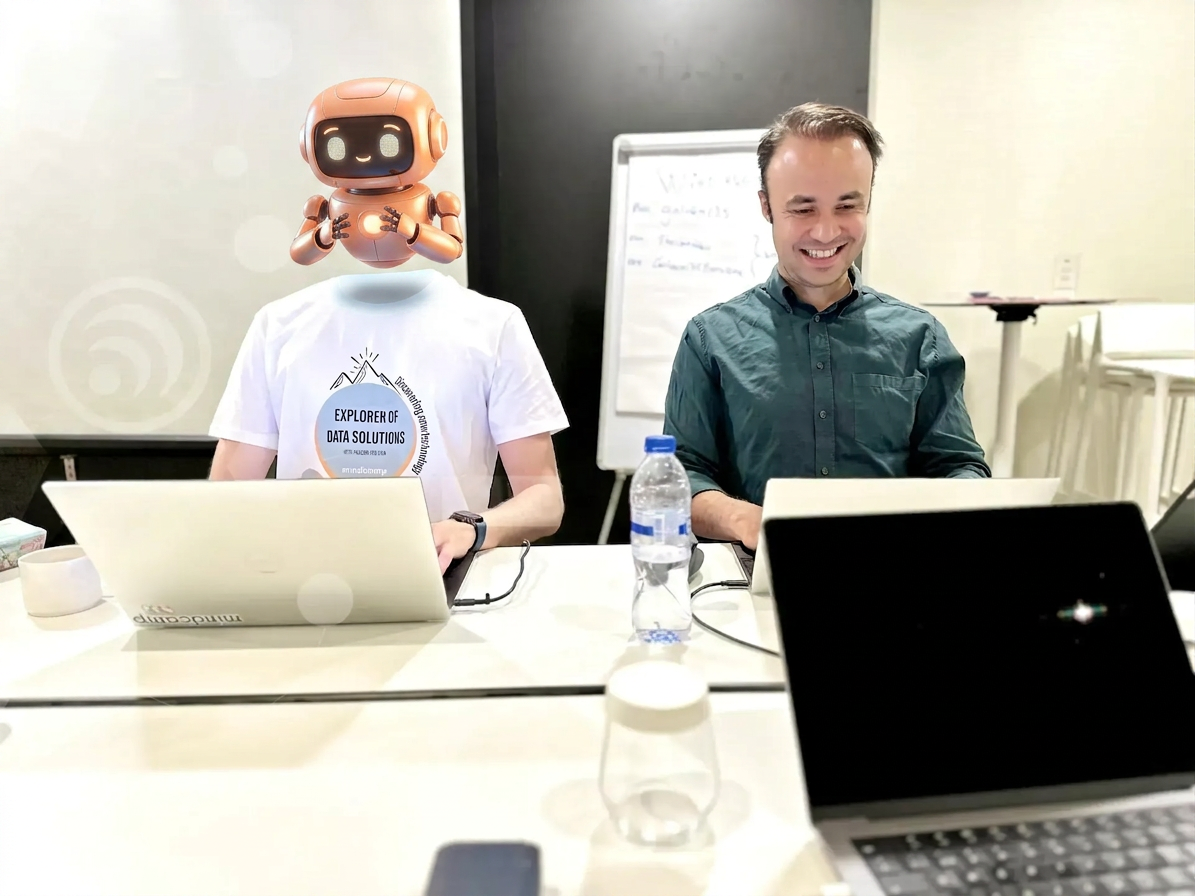 Två BI, Analytics och automationskonsulter som är glada och samarbetar på Mindcamp