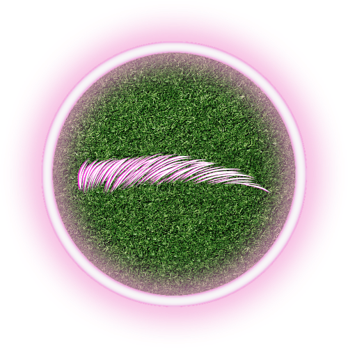 A pink feather is sitting in a bowl of green grass.