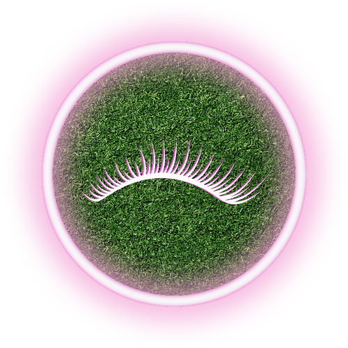 A close up of a pair of eyelashes in a pink circle.